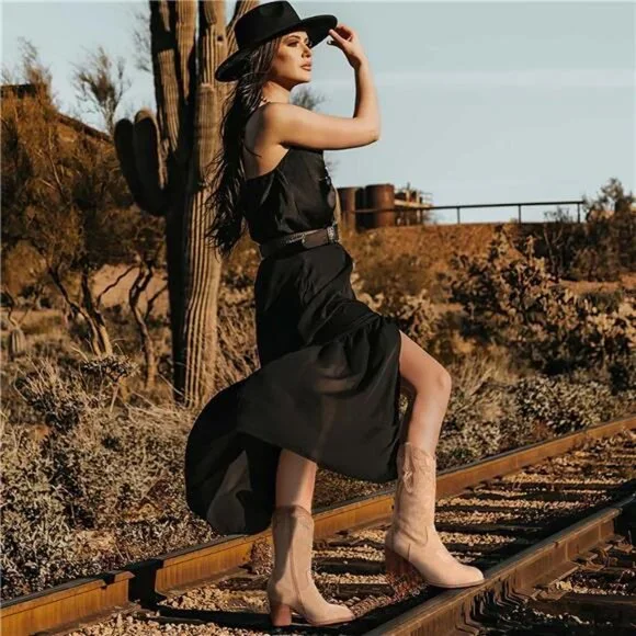 NEW Women's Western Suede Cowboy Boots - High Heel Mid Calf Zipper Booties - Picture 2 of 7